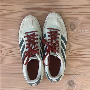 Adidas Cream Sneakers with Red Laces and Green Stripes
